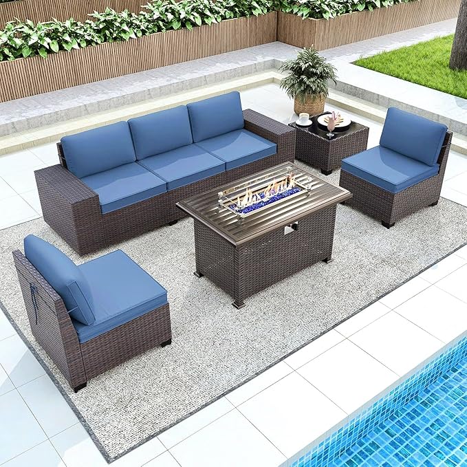 Gotland 7 Pieces Patio Furniture Set with 55000BTU Fire Pit Table, Wicker Patio Set with Wide Armrests 29.5'' High Backrest Thick Cushions 1 Coffee Table, Outdoor Furniture for Porch Deck Navy