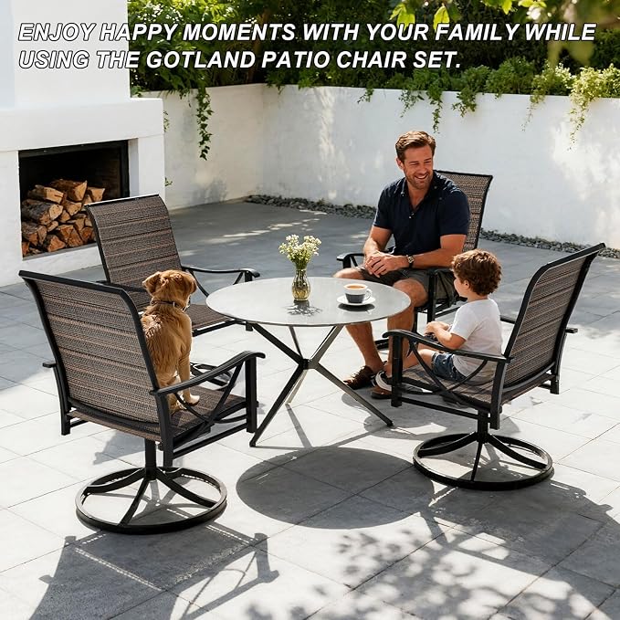 Gotland Patio Swivel Chairs Set of 4, Outdoor Dining Chairs with Breathable Teslin Seat Cushion & Backrest, 360° Outdoor Swivel Chairs with Metal Frame, Patio Dining Chairs for Deck Garden Brown