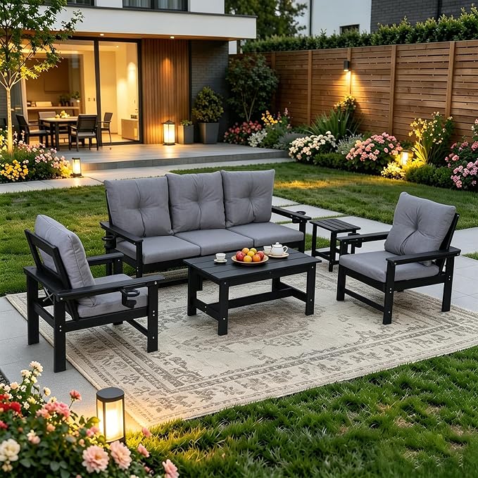HDPE Outdoor Patio Furniture Set, 7 PCs All Weather Performance Patio Conversation Set w/Back and Seat Cushions, Free Combination Outdoor Furniture for Patio, Lawn, Poolside, Backyard, Black