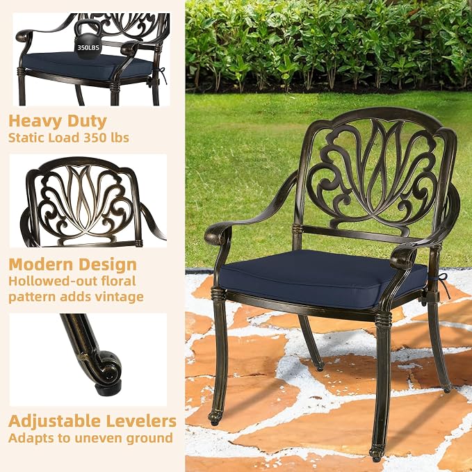 5-Piece Outdoor Patio Dining Set, All-Weather Cast Aluminum Patio Furniture Set for Backyard Garden Deck with 4 Chairs, 4 Cushions and 35.4” Square Table, 2.2" Umbrella Hole, Navy