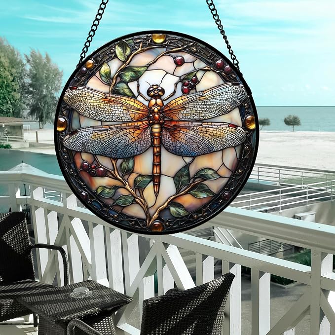 DASTOLL Stained Glass Window Hanging - Dragonfly Plant Suncatcher Ready to Hang Window Doors Home Decoration, Christmas, Mother's Day Birthday Gifts for Women, Men, and Mom 14.9x14.9 in