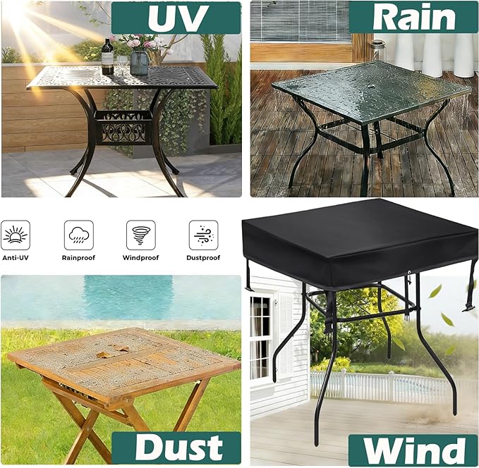 SUNICO Outdoor Table Cover Square(48" L x 48" W x 6" H), Patio Table Cover Square for Patio Table & Dining Table & Picnic Table.Windproof, Waterproof, Stain-Resistant, Durable Table Cover