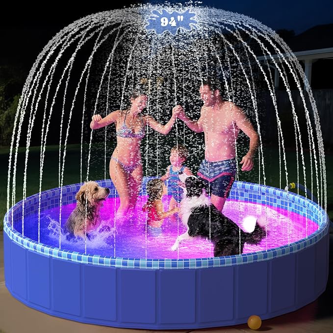 Foldable Dog Pool with Sprinkler RGB LED Light, 94" Collapsible Hard Plastic Kiddie Swimming Splash Pool for Small Medium Large Doggie Kitty Puppy, Pet Bathing Tub Wading Pool for Dogs Blue