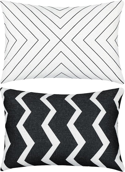 Juexica 2 Pack Chaise Lounge Pillow with Strap Outdoor Waterproof Beach Chair Neck Headrest Pillow Adjustable Elastic Band for Hammock Lumbar Recliner Pillows for Patio Pool Chair(Classic Black White)