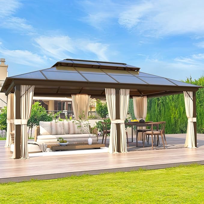 EROMMY 12'x20' Gazebo Polycarbonate Double Roof Canopy Outdoor Aluminum Frame Pergolas with Netting and Curtains for Garden Patio Lawns Parties