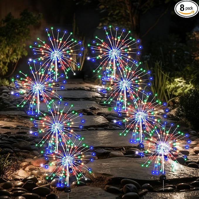 Solar Garden Firework Lights Outdoor Waterproof, 8 Pack Solar Lighting with 8 Lighting Modes , 120 LED Sparklers String Lights for Outside Decor Yard Pathway Halloween Decorations(Colorful)