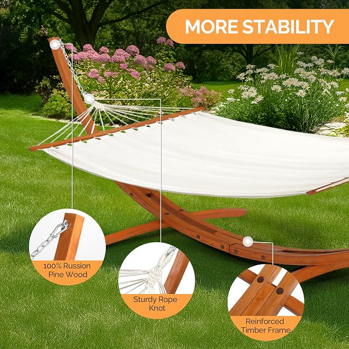 OnCloud Double Hammock Wood Arc Stand, Wooden Hammock W/Stand, Classic Natural Hammock Set for Yard, Garden (14 ft Set)