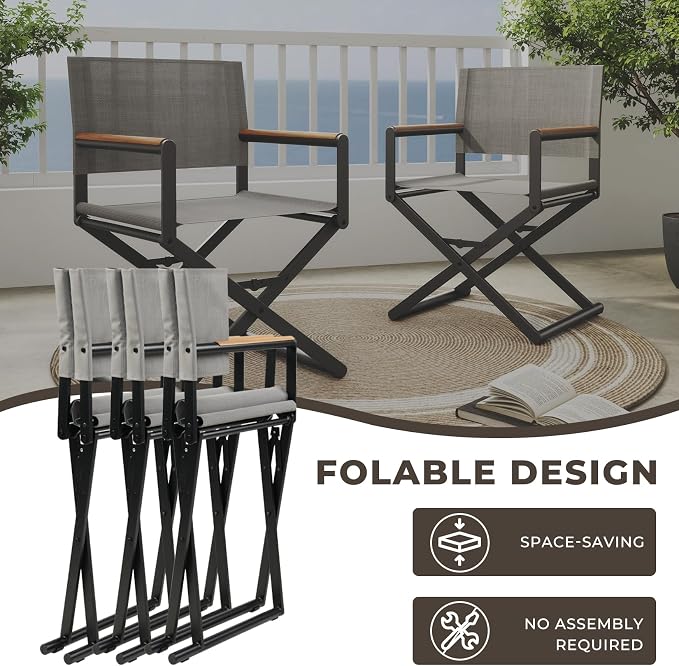 Grand patio 7-Piece Outdoor Dining Set, 6 Extra-Wide Folding Chairs & 1 Rectangle Expandable Table for 6-8 Person, Sling Mesh Patio Chairs with Wood Grain Table for Yard, Poolside, Deck, Gray
