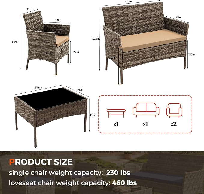 4 Pieces Outdoor Patio Furniture Set, Wicker Patio Conversation Set with Tea Table, All-Weather Outside Rattan Sectional Sofa for Backyard, Poolside, Garden, Balcony, Brown/Beige