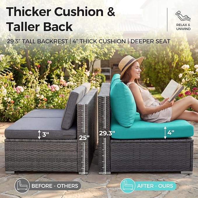 NICESOUL 7 Piece Large Modern Patio Furniture Set with Propane/Gas Firepit Table, 29.3'' High Back Comfy Wicker Sectional Sofa Couches with Fire Pit, Outdoor Deep Conversation, Fade-Proof, Turquoise
