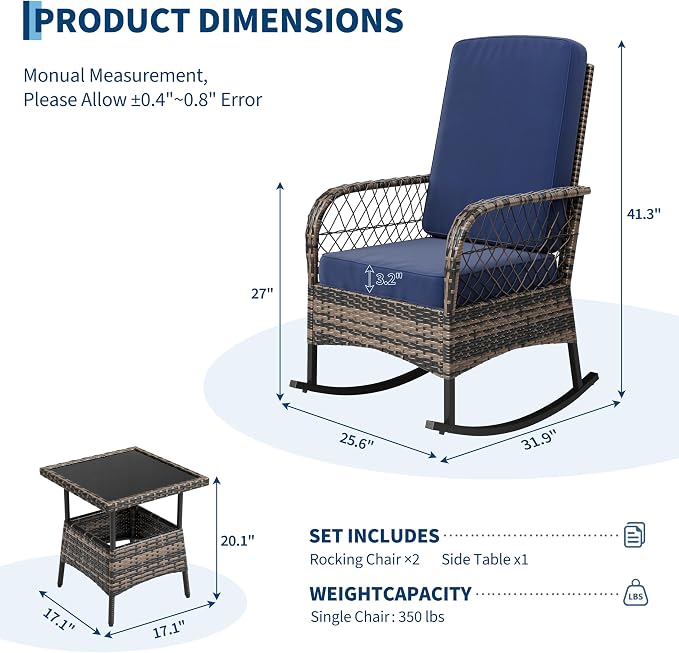 GarveeHome 3-Piece Outdoor Rocking Chair Set, Wicker Rattan Patio Furniture with Glass-Top Coffee Table, Modern Conversation Seating with Cushions for Porch, Backyard (Brown Rattan & Blue Cushion)