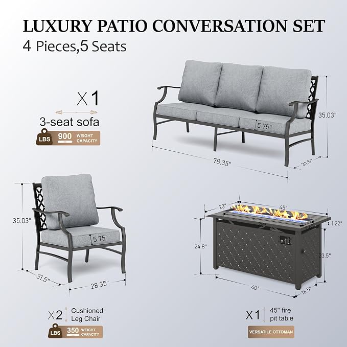 HERA'S HOUSE 4 Pieces Patio Fire Pit Furniture Set, 2 x Single Chair, 3-Seat Sofa with 45" Fire Pit Table, Outdoor Conversation Set for Garden Poolside Backyard, Grey