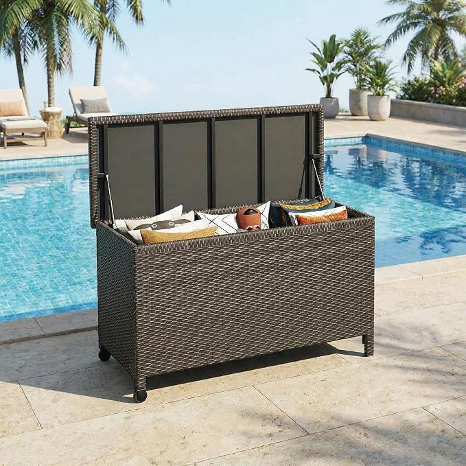 185 Gallon Wicker Deck Box, All-Weather Outdoor Storage Bin with Rattan Finish, for Patio Furniture, Cushions, Pool Supplies & Garden Tools (Brown)