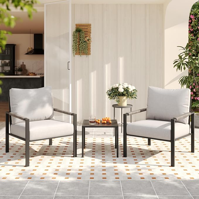 3 Pieces Rattan Outdoor Furniture Set, All-Weather Patio Conversation Set with Warm Grey Cushions and Coffee Table for Garden, Backyard, Balcony, Poolside