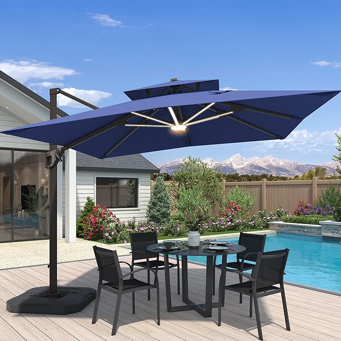 10x10 FT Cantilever Patio Umbrella with Led Lights Double Top Outdoor Square Large Heavy Duty Aluminum Offset Umbrellas with 7 Level Tilt 360-degree Rotation for Pool Garden Deck, Navy