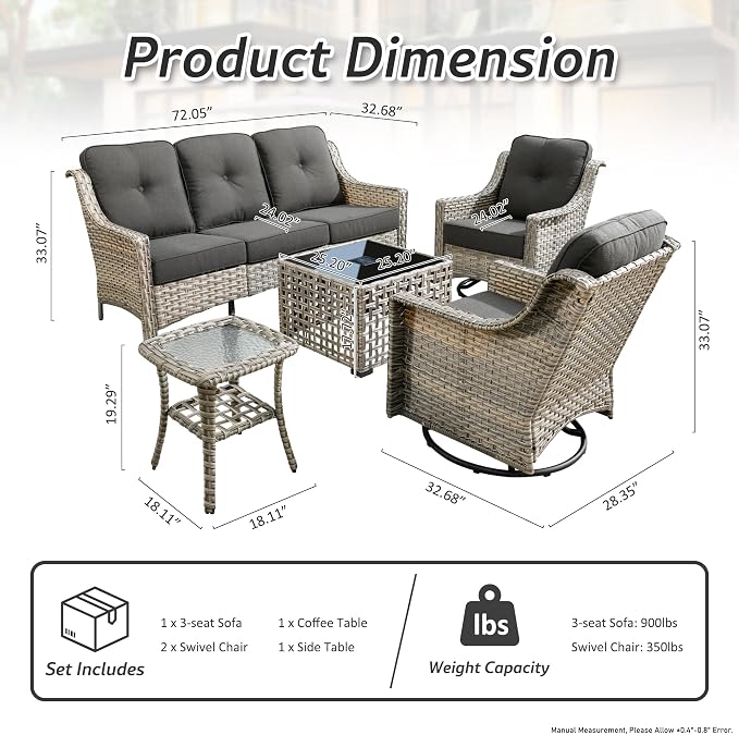 Patio Conversation Set,5 Pieces Wicker Patio Furnitures with Swivel Chair and Coffee Table,All Weather Patio Furniture Set for Garden,Backyard,Poolside and Patio,Black