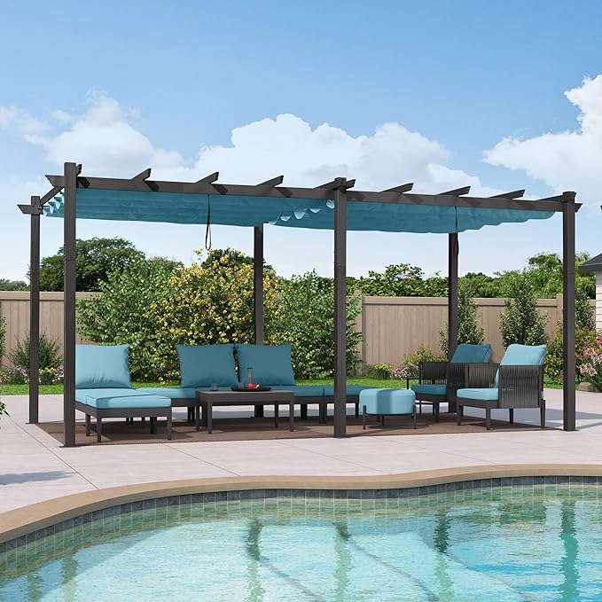 PURPLE LEAF 12' X 18' Outdoor Pergola with Retractable Canopy Aluminum Shelter for Porch Garden Sun Shade Pavilion Grape Trellis Grill Gazebo Modern Backyard Deck Metal Patio Pergola Turquoise Blue