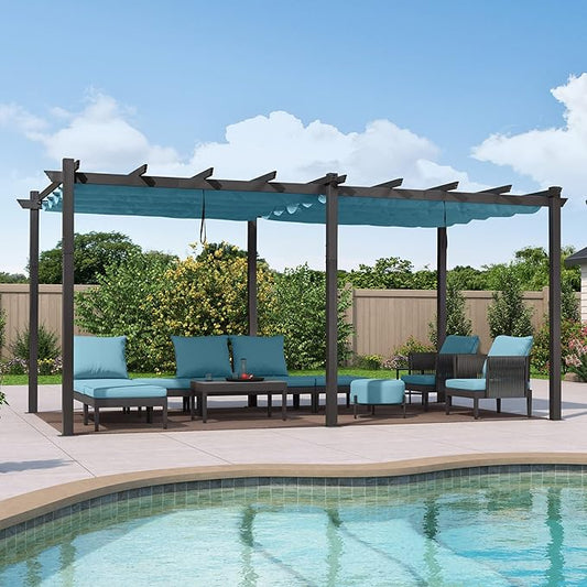 PURPLE LEAF 12' X 18' Outdoor Pergola with Retractable Canopy Aluminum Shelter for Porch Garden Sun Shade Pavilion Grape Trellis Grill Gazebo Modern Backyard Deck Metal Patio Pergola Turquoise Blue