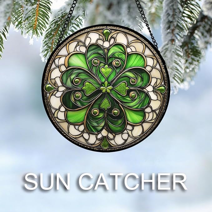 DASTOLL Stained Glass Window Hanging St. Ripak Festival Green Lucky Clover 9.8" - Suncatcher Door Garden Sun Catcher Ireland Decor Mother's Day for Mom Woman Her Men Sisters