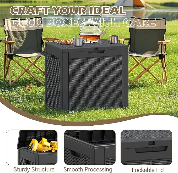 Outdoor Storage Box, 35 Gallon Deck Box with Lockable Lid, Waterproof Resin Storage Bin for Patio Furniture, Garden Tools, Cushions, Black