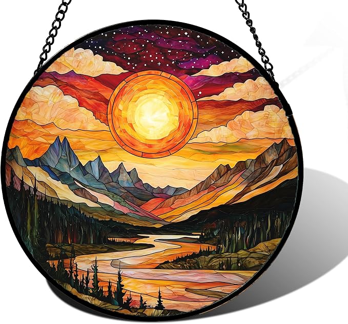 DASTOLL Stained Glass Window Hanging, Dusk Sunset Landscape Sun Catchers Glass Panel Lakes and Mountains Suncatcher Decor for Birthday for Women, Men, Wife, Aunt, and Mom 6.3 in