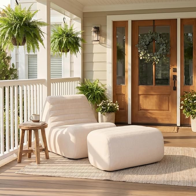 Big Joe Solvana Outdoor Lounge Chair and Ottoman, 2 Piece Patio Furniture Set, Performance Linen Weather-Resistant Fabric, Sunlit Cream
