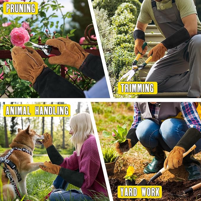 HANDLANDY Rose Pruning Gloves for Men Women, Thorn Proof Gardening Gloves | Long Leather Gardening Gloves, Breathable Leather Gauntlet, Best Garden Gifts & Tools for Gardener (Caramel Brown, L)