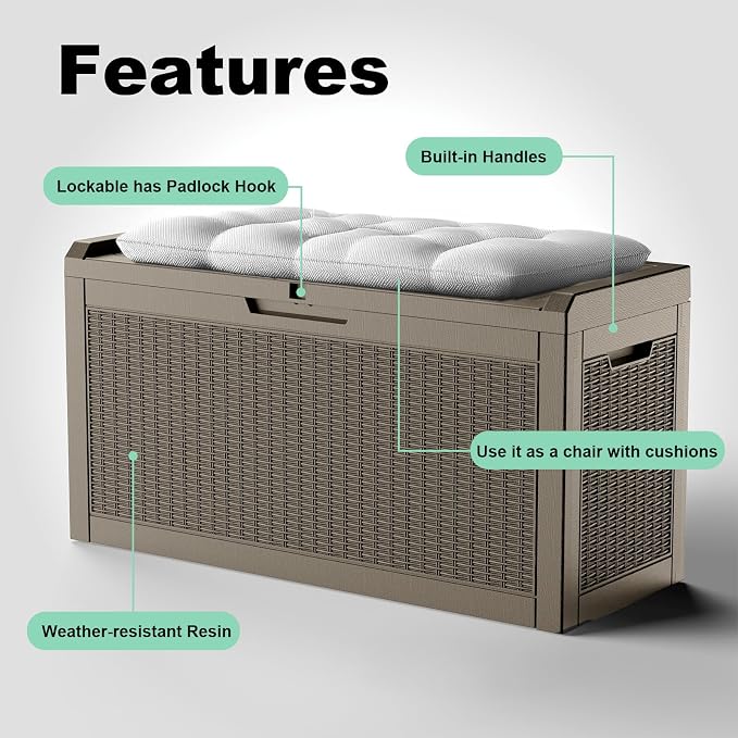 ROJIK 79 Gallon Outdoor Deck Box, Resin Waterproof Storage Box, weatherproof Deck Boxes Outdoor, Sturdy Deck Box for Furniture Cushions & Gardening Tools (Grey)