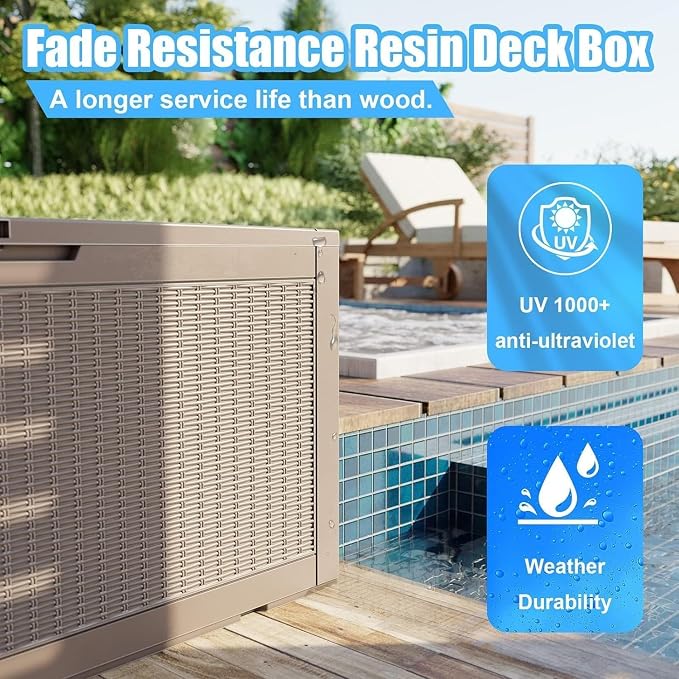 EasyUp 120 Gallon Deck Boxes Waterproof, Outdoor Large Storage Boxes with Lids, Outside Resin Storage Box & Deck Boxes for Patio, Garden Use（Gray）