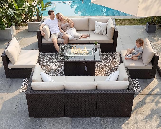NICESOUL 9 Piece Patio Furniture Conversation Set, Extra Large Size Outdoor Rattan Sectionals with Fire Pit Table Natural Gas & Propane Convertible, 29.3'' High Back 8 Seater Deep Wide Sofa, Espresso