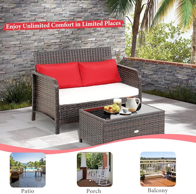 Tangkula 2-Piece Outdoor Patio Wicker Furniture Set, PATIOJOY Patio Loveseat and Coffee Table Set with Cushions, Outdoor Conversation Set for Porch, Balcony and Backyard