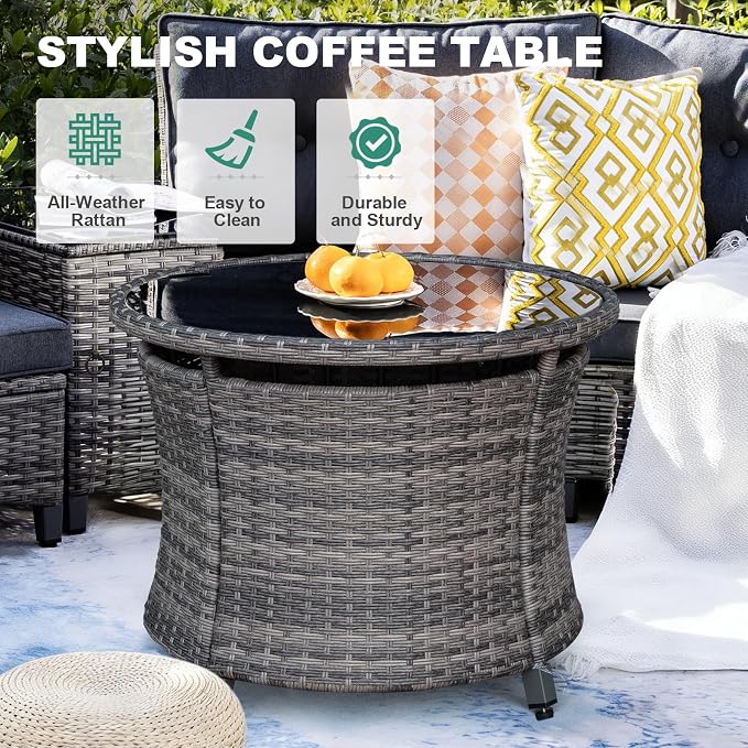 MEISSALIVVE 11 Piece Outdoor Patio Furniture Set, Half-Moon Curved Sectional Set with Wood Armrests, Patio Conversation Set for Porch,Deck,Balcony (Grey)