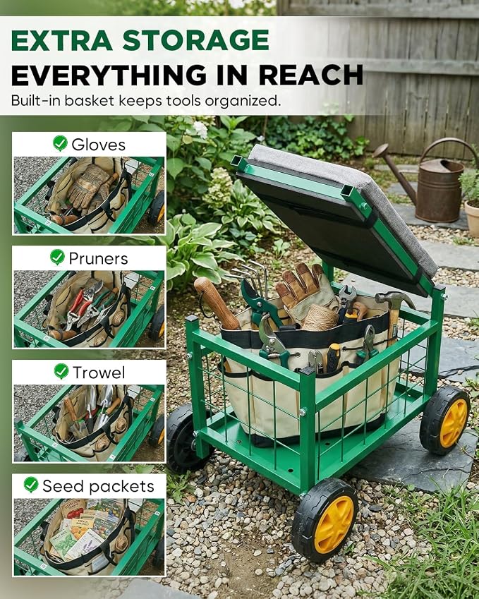 Saker Rolling Garden Cart with Seat & Wheels 15.7" EVA Padded Stool 500lb | Steel Frame,Large Storage Basket, Luxury Version, for Patio, Lawn, Yard – Mobile Workseat with Tool Carrier(Luxury Version)