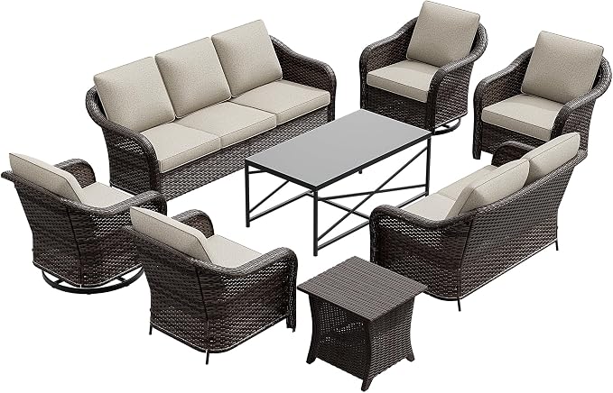 7 Pieces Patio Conversation Set, 78" Wicker 3-Seat Couch with Washable Cushions, 2 Glider Swivel Rocker Chairs, 2 Armchairs, Coffee Table, Rattan Cat Bed End Table, Sofa for Lawn (Beige)