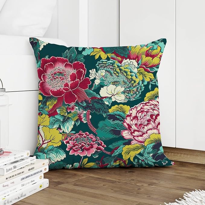 Chinoiserie Red Peony Floral Pillowcase Green and Pink Throw Pillow Cover Rustic Throw Pillow Covers Farmhouse Decorative for Couch Sofa Patio 24x24 in