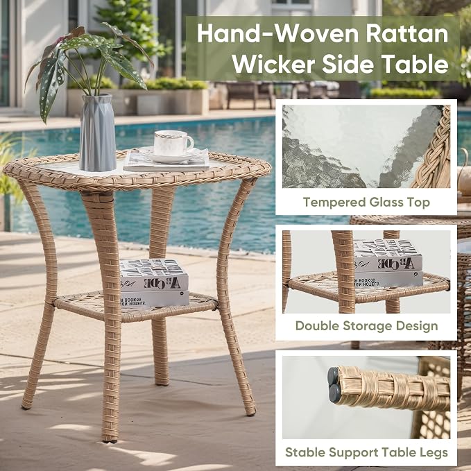 Outdoor Swivel Rocker Patio Chairs-Wicker Patio Swivel Chairs Set of 2 with Side Table PE Rattan Patio Furniture Set for Porch Deck Balcony Garden-Yellow/Beige