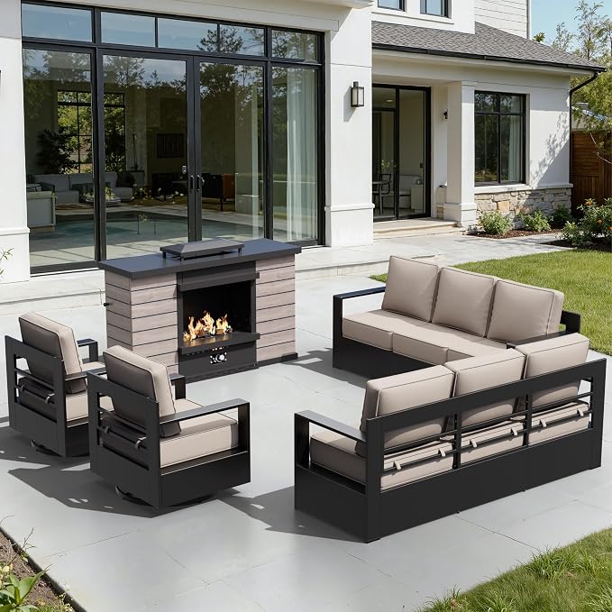 Outdoor Aluminum Furniture Set, 5-Piece Patio Conversation Set, 2 Swivel Chairs, 2 Sofa and 1 Fireplace, All-Weather Metal Frame, 6" Thick Removable Cushions, Deep Setting for Garden and Porch