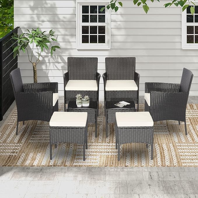 Tangkula 8 Piece Wicker Sofa Set, Patiojoy Outdoor Rattan Sofa Set w/2 Coffee Tables & 2 Ottomans, Rustproof Metal Frame, Soft Seat Cushions, Patio Wicker Conversation Set for Backyard, Poolside