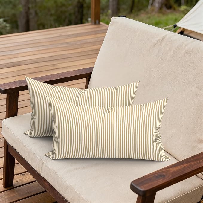 Outdoor Lumbar Pillows, Water Repellent Cushion Pillows 12x20 Inch, Outdoor Pillows with Inserts for Home Garden, Pack of 2, Stripe Beige