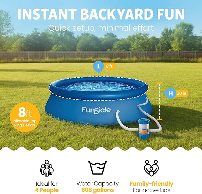 Funsicle Quickset 8' x 30" Round Above Ground Swimming Pool, with FiltraBoost 400 GPH Filter Pump, Type I Filter Cartridge & Repair Patch