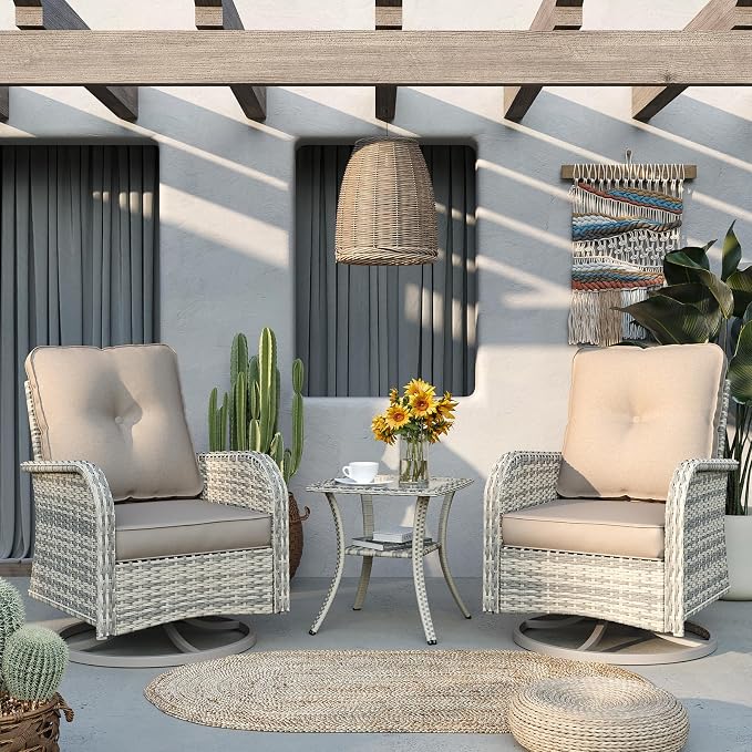 6-Piece Patio Rocking Swivel Chair Outdoor Wicker Rattan Bistro Set with Tempered Glass Side Table, Outdoor Patio Furniture Set for Garden, Deck, and Balcony, Sand