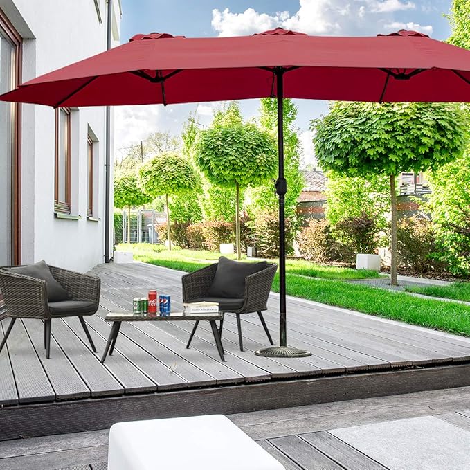 Tangkula 15 Ft Patio Umbrella Double-Sided Steel Outdoor Market Table Umbrella with Crank (Wine)