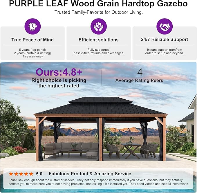 PURPLE LEAF 14' X 20' Outdoor Hardtop Gazebo for Patio Galvanized Steel Double Roof Permanent Canopy Teak Finish Coated Aluminum Frame Pavilion Gazebo with Netting