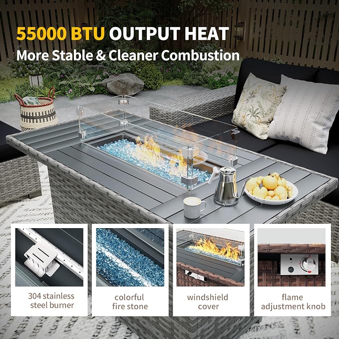 Outdoor Patio Furniture Set with Fire Pit Table, Wide Outdoor Sectional Rattan Sofa Set, Wicker Patio Conversation Set w/Cover for Deck, Poolside, Porch, 7 PC (Grey & Black)