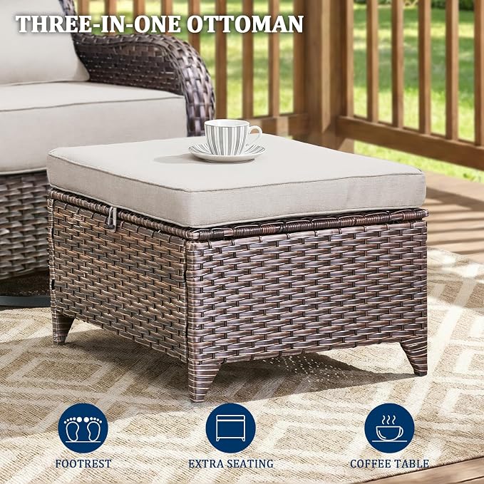 Luxury Swivel Rocker Chair Sofa Set with 6" Thick Cushions,8-Piece Wicker Patio Chair with Coffee Table and Ottoman,Outdoor Comfortable High Back Chair Patio Furniture Set - Brown | Beige