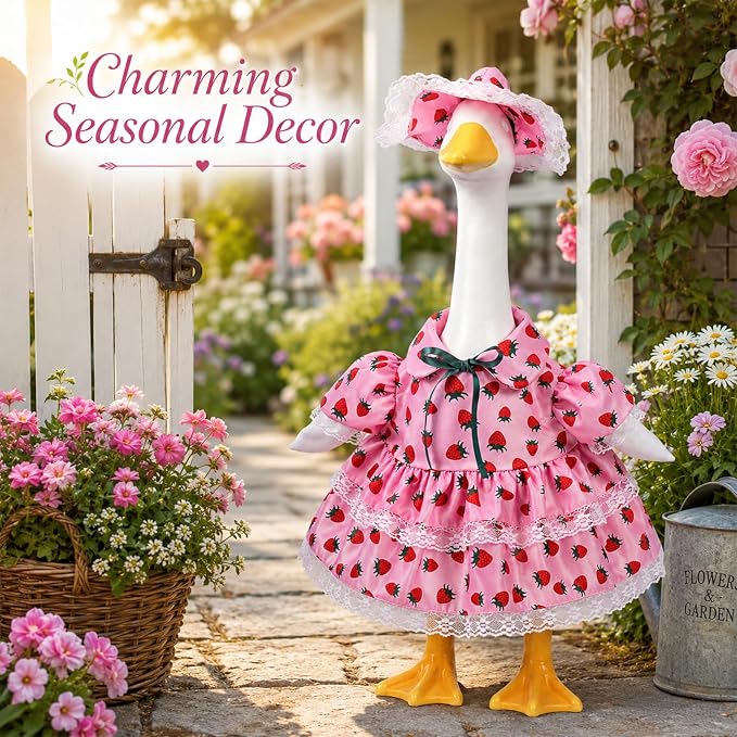 23 Inch Summer Strawberry Porch Goose Outfit, Pink Countryside Dress with Sun Hat, Seasonal Decorative Goose Clothes for Yard Lawn Patio Decor