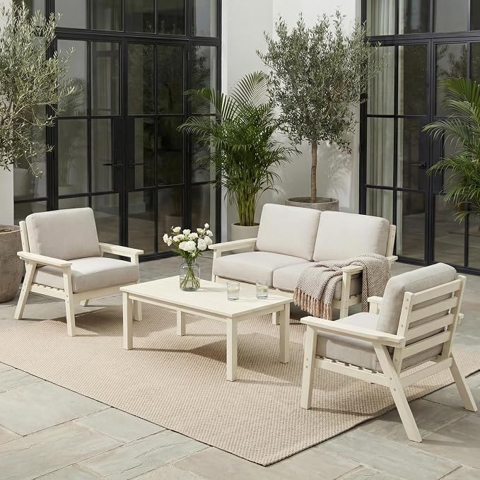 HDPE 5 Piece Patio Furniture Set, Outdoor Couch with Washable Thick Beige Cushions & Coffee Table, Outdoor Sectional Furniture for Backyard, Deck, Lawn, Porch (White Frame)