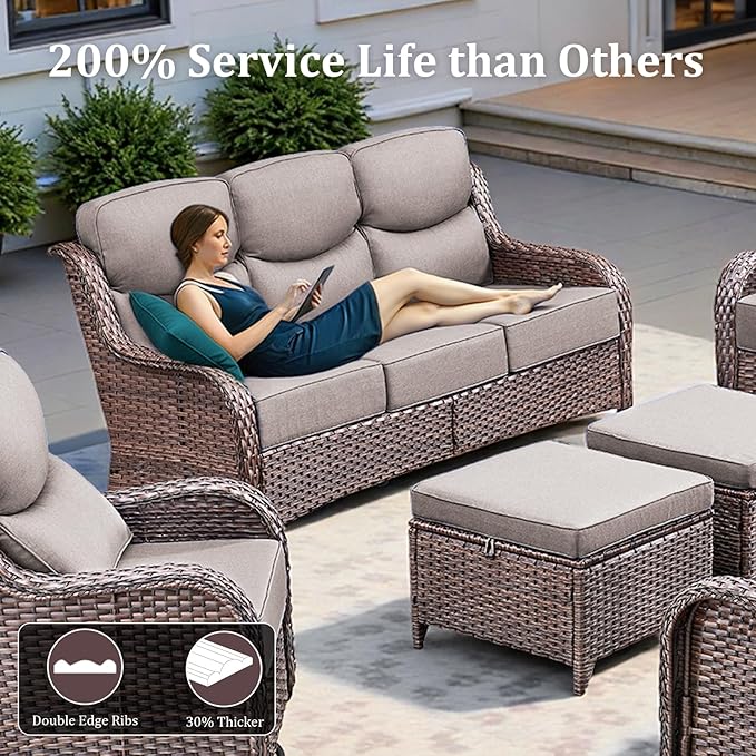 Luxury High Back Patio Furniture Set with 6-Inch Thick Cushions, 6-Pieces Outdoor Furniture with Swivel Chairs &Side Table, Wicker Conversation Set for Porch, Balcony, Deck and Yard, Brown/Grey