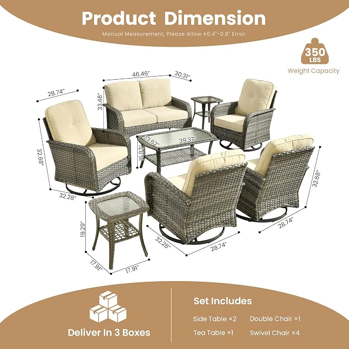 CAODOC 8-Piece Wicker Patio Furniture Set, All-Weather Rattan Conversation Bistro Loveseat Chair and Patio Rockers Set for Backyard, Balcony and Deck with Soft Cushions and Metal Table(Beige)