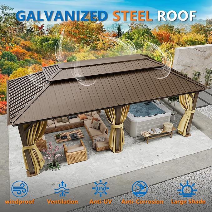 HOTEEL 12x20 Hardtop Gazebo on Clearance with Metal Roof & Drainage System, Heavy Duty Galvanized Steel Gazebo with Aluminum Frame, Privacy Curtains and Netting, for All-Weather, Brown(2026 Upgraded)